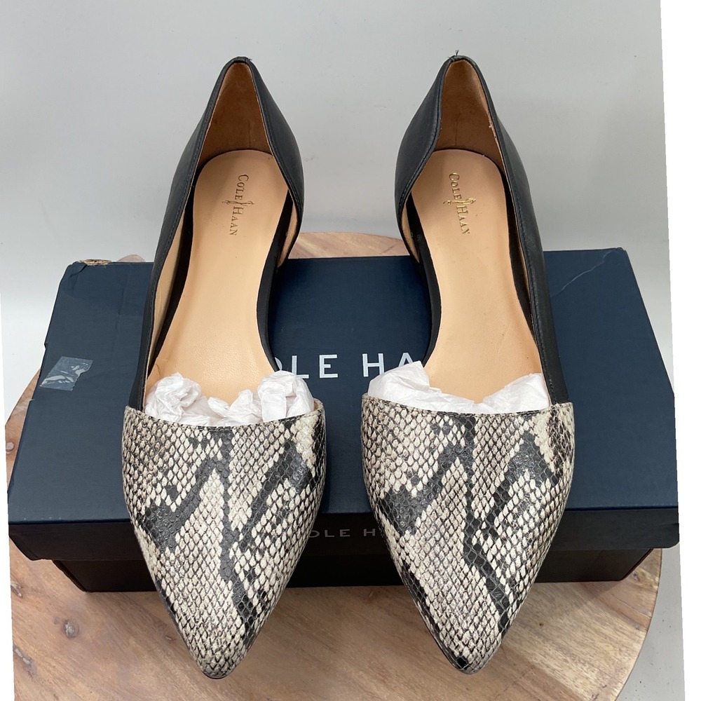 Cole Haan Grand 360 Black Leather Snakeskin Pointed Toe dOrsay Flats W141814 11B